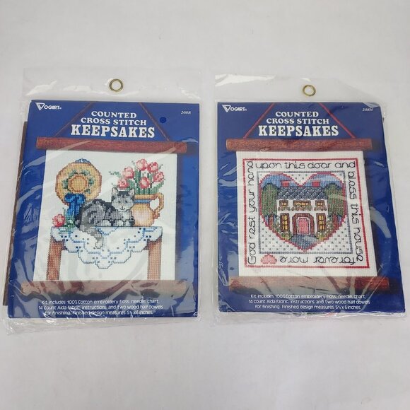 Vogart Cross Stitch Kits Cat Bless County Wood Wall Hanging 5" x 6" Counted NEW - Picture 1 of 5